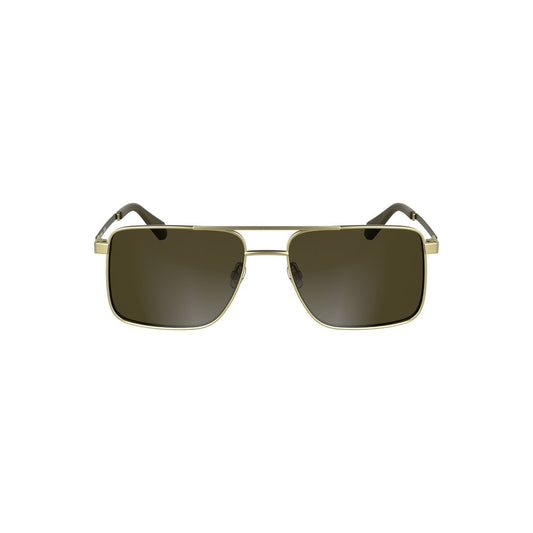 Calvin Klein gold metal men's sunglasses with square brown lenses, sleek design with iconic logo for chic sophistication and luxury.