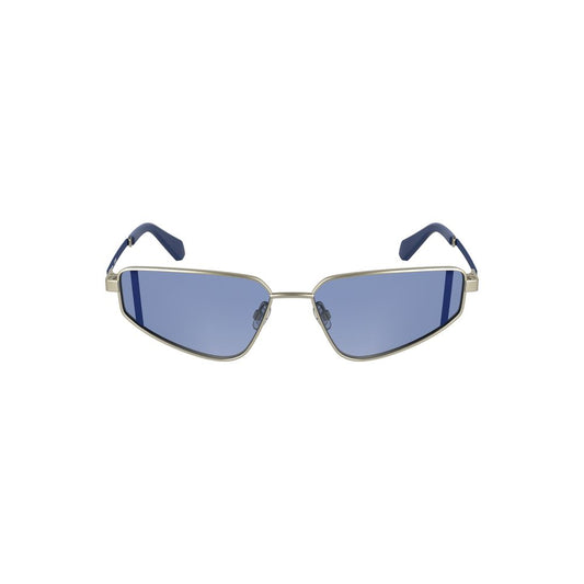 Calvin Klein gray metal women's sunglasses with unique blue rectangular lenses, perfect for a stylish, sophisticated look.