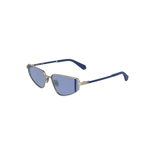 Calvin Klein gray metal sunglasses with blue rectangular lenses and logo, showcasing fashion-forward luxury style for women.