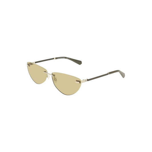 Calvin Klein women's green metal sunglasses with drop-shaped lenses and iconic logo for stylish outdoor wear.