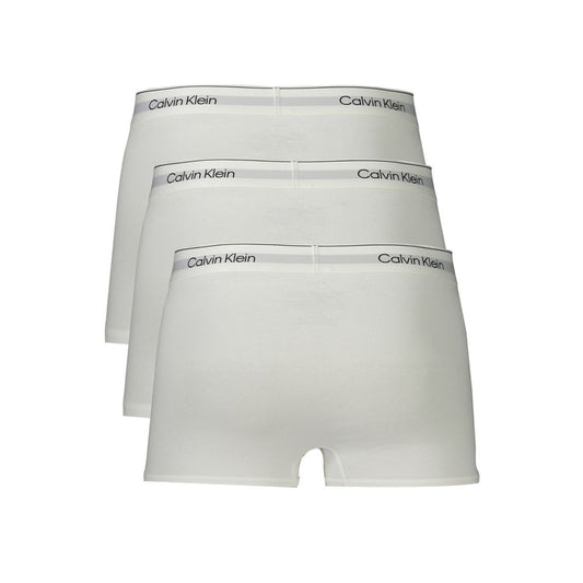 Calvin Klein white cotton men's boxer shorts with branded elastic waistband, tri-pack set, sustainable luxury underwear.