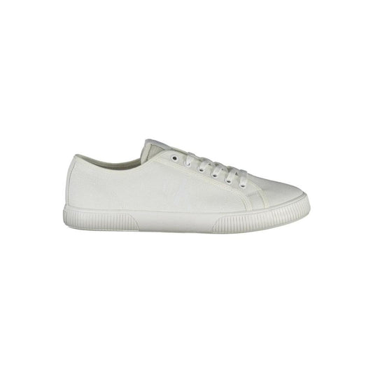 Calvin Klein white polyester men's sneakers showcasing a sleek design with 50% recycled materials for a sustainable style choice.
