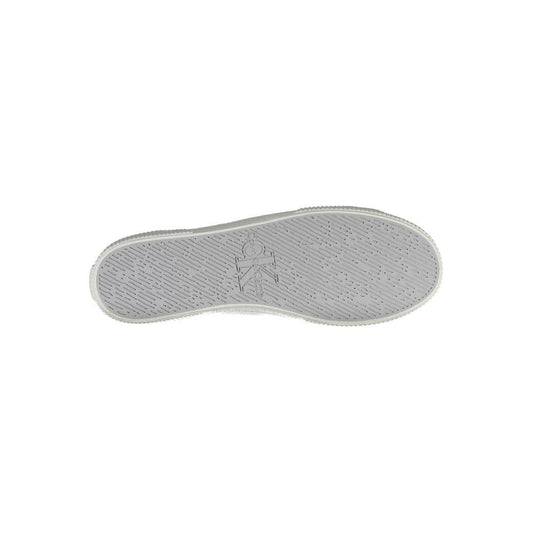 Sole view of Calvin Klein white polyester men's sneaker showing logo and textured pattern for grip.