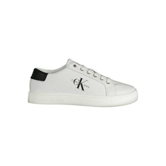 Calvin Klein white recycled polyester men's sneaker with bold CK logo and contrasting black detail, showcasing sustainable fashion style.