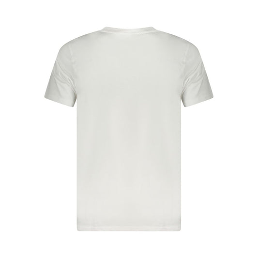 Back view of Cavalli Class white cotton men’s T-shirt, iconic print, crew neck style, elegant Italian design.