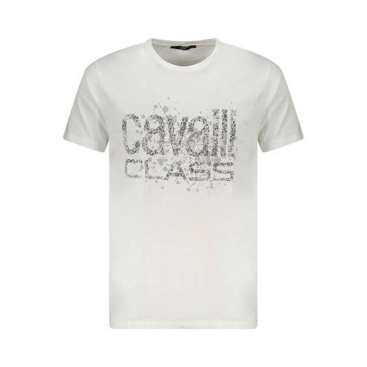 Cavalli Class White Cotton Men T-Shirt featuring striking print and iconic logo, exuding Italian elegance and style.