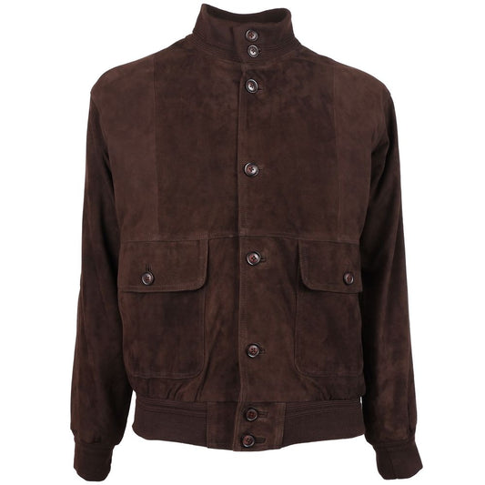 Emilio Romanelli brown calfskin suede bomber jacket with button closure and ribbed details