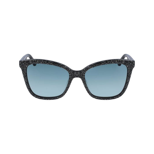 Karl Lagerfeld black acetate sunglasses with blue lenses, style KL988S-002. Elegant women's eyewear, lens/bridge/temple 54/18/140 mm.