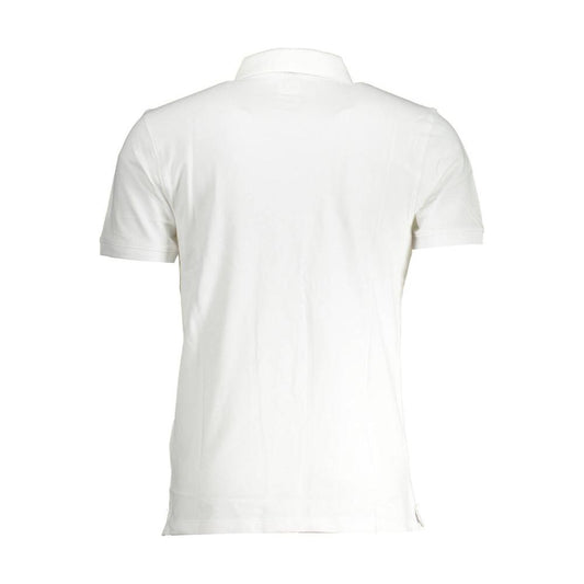 Back view of Levi's white cotton men's slim polo with short sleeves, showcasing the classic design and craftsmanship.
