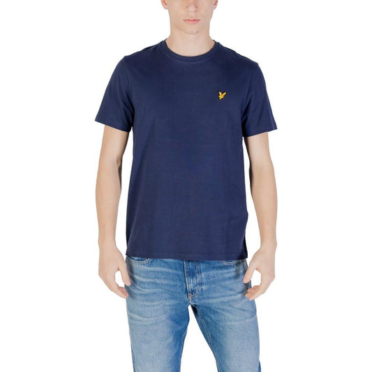 Man wearing Lyle & Scott blue cotton T-shirt with short sleeves, perfect for casual wear or layering. Features yellow embroidered logo.