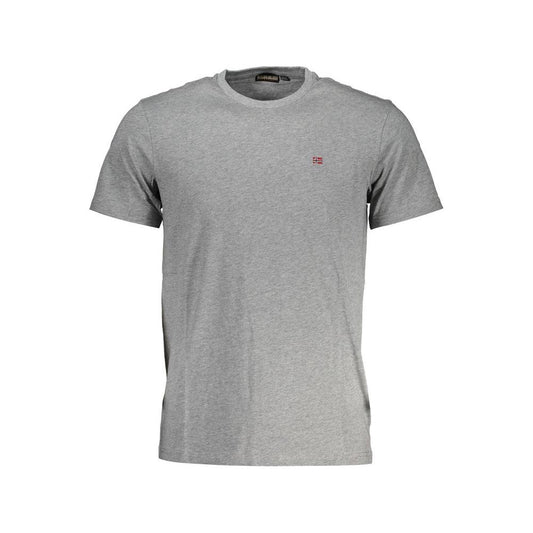 Napapijri grey T-shirt for men, short sleeve, minimalist design, logo embroidery, casual sophisticated style.