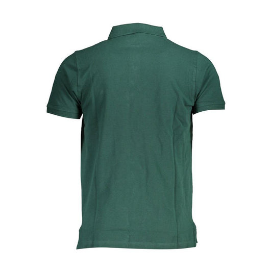 Back view of green men's cotton polo shirt from Norway 1963, featuring a classic design with short sleeves and a smart collar.