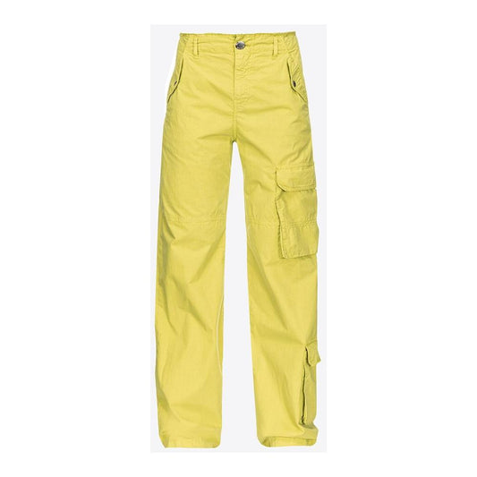 PINKO green cotton cargo pants with 5-pocket design, featuring front and back pockets, button and zipper closure.