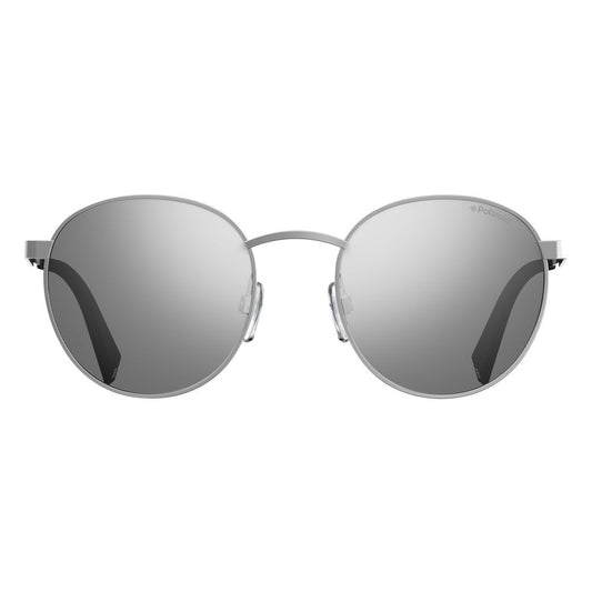 Front view of Polaroid silver metal sunglasses, unisex design, polarized lenses, model PLD2053S010EX, with grey color and measurements 51/14/135mm.