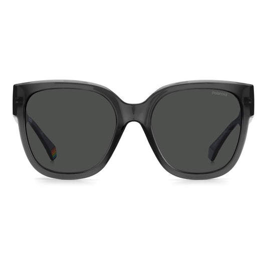 Polaroid gray plastic sunglasses with polarized lenses, large square frames, and colored temples, ideal for women.