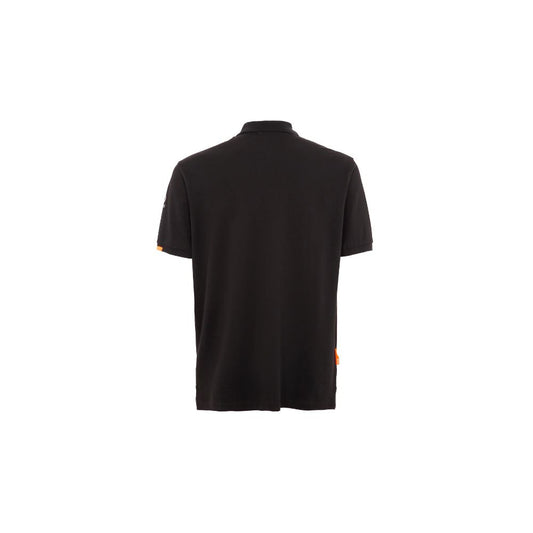 Alt Tag: Back view of Suns black cotton polo shirt with ribbed collar and logo on sleeve.